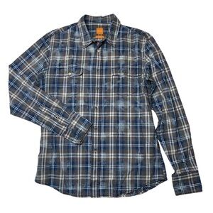 Hugo Boss mens L Distressed plaid Slim Fit Button Down Shirt